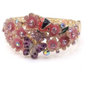 Vintage Bracelet Gold Tone Metal Pink Flower Butterfly Ladybug Rhinestone Bangle